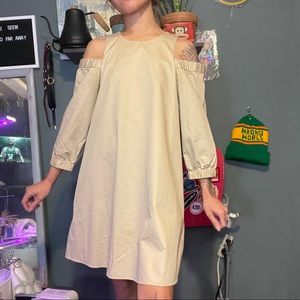 Tibi cream off shoulder bell sleeve midi dress